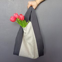 Reusable grocery bags. Linen striped folding shopping bag, Zero waste market tote bag, Mother day eco friendly gift.