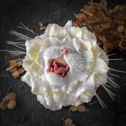 White cat brooch/pendant in flower, gifts for cat lovers