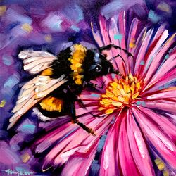 honeybee painting daisies painting flower original art oil painting honey bee wall art small painting 8 by 8"