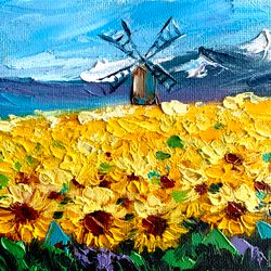 Sunflowers Painting Flowers Oil Painting Flower Field Original Art Canada Landscape Artwork Small Painting Canvas 6 by 6