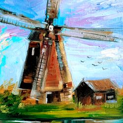 windmill painting old mill art windmill kinderdijk original oil artwork landscapes painting small painting 12 by 8"