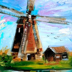 Windmill Painting Old Mill Art Windmill Kinderdijk Original Oil Artwork Landscapes Painting Small Painting 12 by 8"