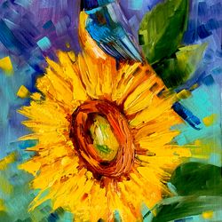 blue bird painting sunflower oil painting original bird wall art small artwork 12 by 8" katrinaorlovaart