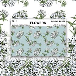 White Flowers Digital Paper PNG Seamless Pattern Fabric Postcards Sublimation Design Surface Fabric Scrapbooking