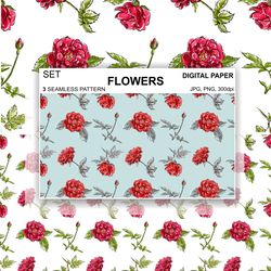 Roses Seamless Pattern Flowers Digital Paper PNG Fabric Postcards Sublimation Design Surface Fabric Scrapbooking