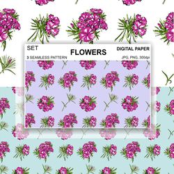 Set Pink Flowers Seamless Pattern Retro Carnation Digital Paper PNG Fabric Postcards Sublimation Design Surface Fabric