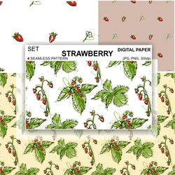 Set Strawberry Digital Paper Berries Seamless Pattern PNG Fabric Postcards Sublimation Background Design Surface Fabric