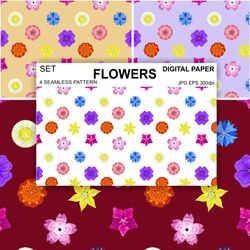 Set Flowers Seamless Pattern Vector Digital Paper Fabric Postcards Sublimation  Design Surface Wallpaper Background