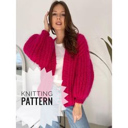 Chunky Mohair Cardigan Knitting Pattern, Oversized Knitted Bomber Jacket PATTERN, Hand Knitted Sweater Knitting Pattern