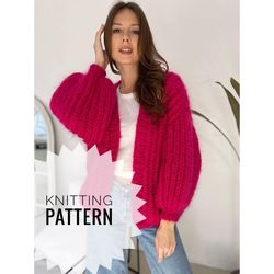 chunky mohair cardigan knitting pattern, oversized knitted bomber jacket pattern, hand knitted sweater knitting pattern