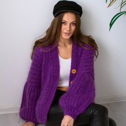 Oversized Mohair Knit Cardigan, Purple Knitted Sweater, Chunky Wool Handmade Cardigan, Women Knit Jacket, Knit Sweater