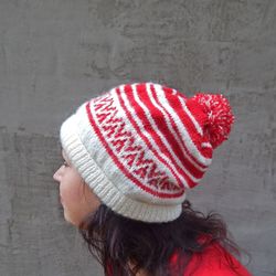 knitted hat, women's fair isle bobble beanie, slouchy beanie for women, knitted beanie, hat for women, red knit hat