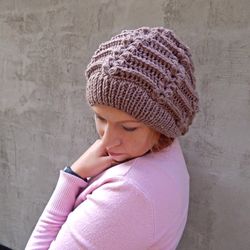 Women knit hat Wool slouchy boho hat Cute knitted beanie Crochet chunky hat Knitted winter beret for women