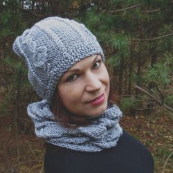Knitted hat and scarf set, knitted beanie, knitted snood, gray hat, handknit scarf, cable hat, slouchy beanie