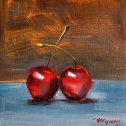 Cherry Painting Two Cherries Still Life Fruit Original Painting Berry Wall Art Food on Canvas Small Painting 6 by 6"