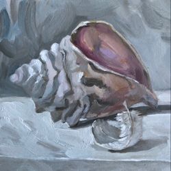 Shell and feather original oil painting wall art still life 6 x 6 inches