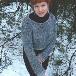 Cropped sweater, gray knitted jumper, Long sleeve Crop Sweater, Gray cotton sweater