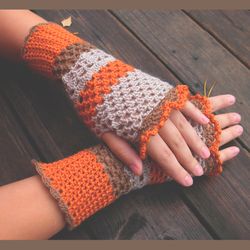 Women's Crochet fingerless gloves Orange beige knit arm warmers Cottagecore outfit Lace gloves Knitted mittens