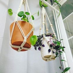 Macrame Plant Hanger Without Tassel on Bottom, Small Boho No Tail Plant Holder, Large Succulent Hygge Planter