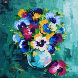 Pansy Painting Floral Original Art Impasro Artwork Small Oil Painting 10 by 10 inch