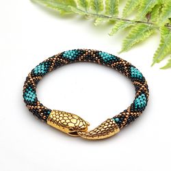 Black and turquoise beaded snake bracelet for women or men, Unisex bracelet Ouroboros, Handmade jewelry, Christmas gifts