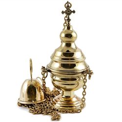 Traditional Christian hanging censer. Brass, casting, gold-gilding. Made in Russia, high 150 mm ( 6" )
