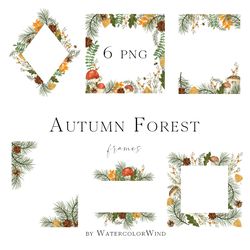 Fall forest frames clipart with mushrooms, pine branches
