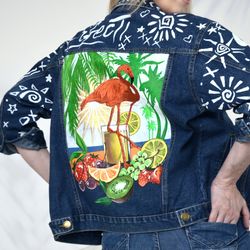hand-painted denim jacket for women, designer denim clothing pattern, customized blue jacket, hand-painted flamingos