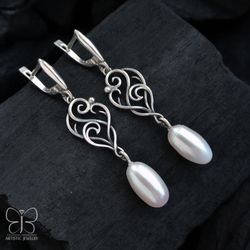 pearl earrings sterling silver earrings bridal earrings wedding earrings wire wrap jewelry
