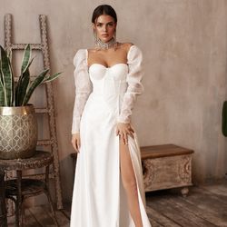 Sexy wedding dress, summer boho wedding, corset reception gown, slit skirt dress