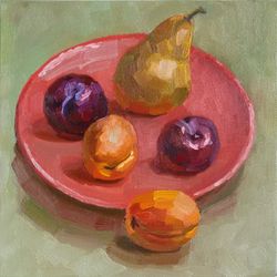 Apricot Art Painting Pear Artwork Fruit Original Art Small Oil Painting 8x8" by Svetlana