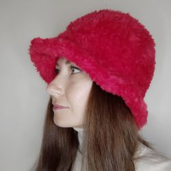 Furry bucket hat crochet Red bucket hat oversized Plush bucket hat for women
