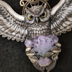 Owl necklace, Owl jewelry, Jewelry Gemstone Owl, owl pendant, necklace with Amethist