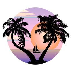 Black images of palm trees on a seascape background.