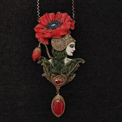 Red Poppy necklace, Art Nouveau Romantic Flower, Jewelry Nature Pendant, Poppy