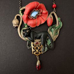 poppy red necklace, poppy pendant, panther necklace, black panther, panther pendant