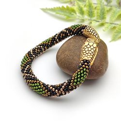 Green snake bracelet handmade, Ouroboros beaded jewelry, Cool mens bracelet, Christmas Gift Idea for boyfriend