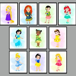 Princesses baby Disney Set Art Print Digital Files decor nursery room watercolor