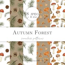 Fall Forest Mushroom Seamless Patterns, Autumn Digital Paper Pack
