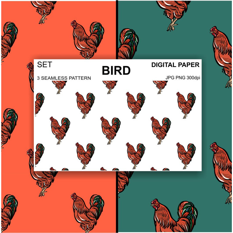 Seamless-pattern-cock-bird-red