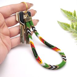 Green Native Style Beaded Keychain Wristlet, Wrist Keychain, Ethnic Boho Wristlet, Beaded Key Fob, Handmade Keychain
