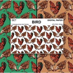 Set Birds Seamless Pattern PNG Chickens Digital Paper Fabric Postcards Sublimation