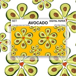 Avocado Seamless Pattern PNG Fruit Digital Paper Fabric Postcards Sublimation