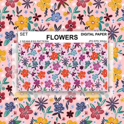 Set Flowers Seamless Pattern Vector Pink Digital Paper Fabric Postcards