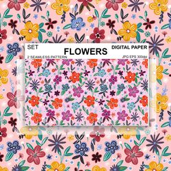 set flowers seamless pattern vector pink digital paper fabric postcards