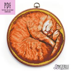 Red cat cross stitch patern PDF , ginger cat cross stitch pattern, sleeping cat cross stitch, orange cat in round hoops