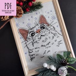 Christmas cat cross stitch pattern PDF , JPG , winter snowflakes cross stitch pattern, white cat cross stitch pattern