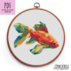 Mosaic gold fish cross stitch pattern PDF ,  low poly animals cross stitch,  polygonal sea animals easy xstitch ornament