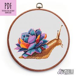 Succulent snail cross stitch pattern PDF , rainbow flower cross stitch pattern , garden plants cross stitch chart