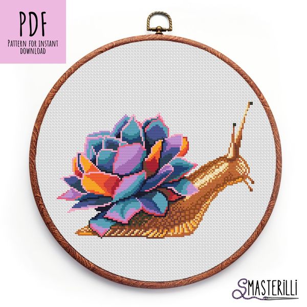 Snail with succulent plant cross stitch pattern for instant download.JPG